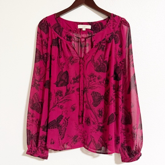 LOFT Tops - Loft Butterfly Floral Tie Neck Chiffon Blouse